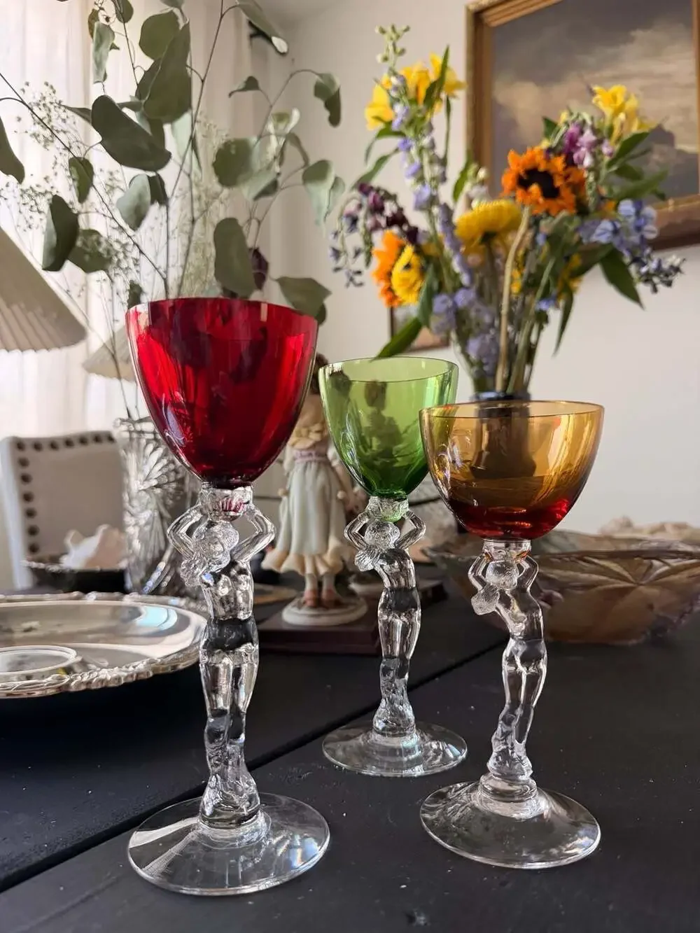 Cambridge Glass Statuesque Nude Lady Stem Multicolor Wine Cocktail Glasses of 3